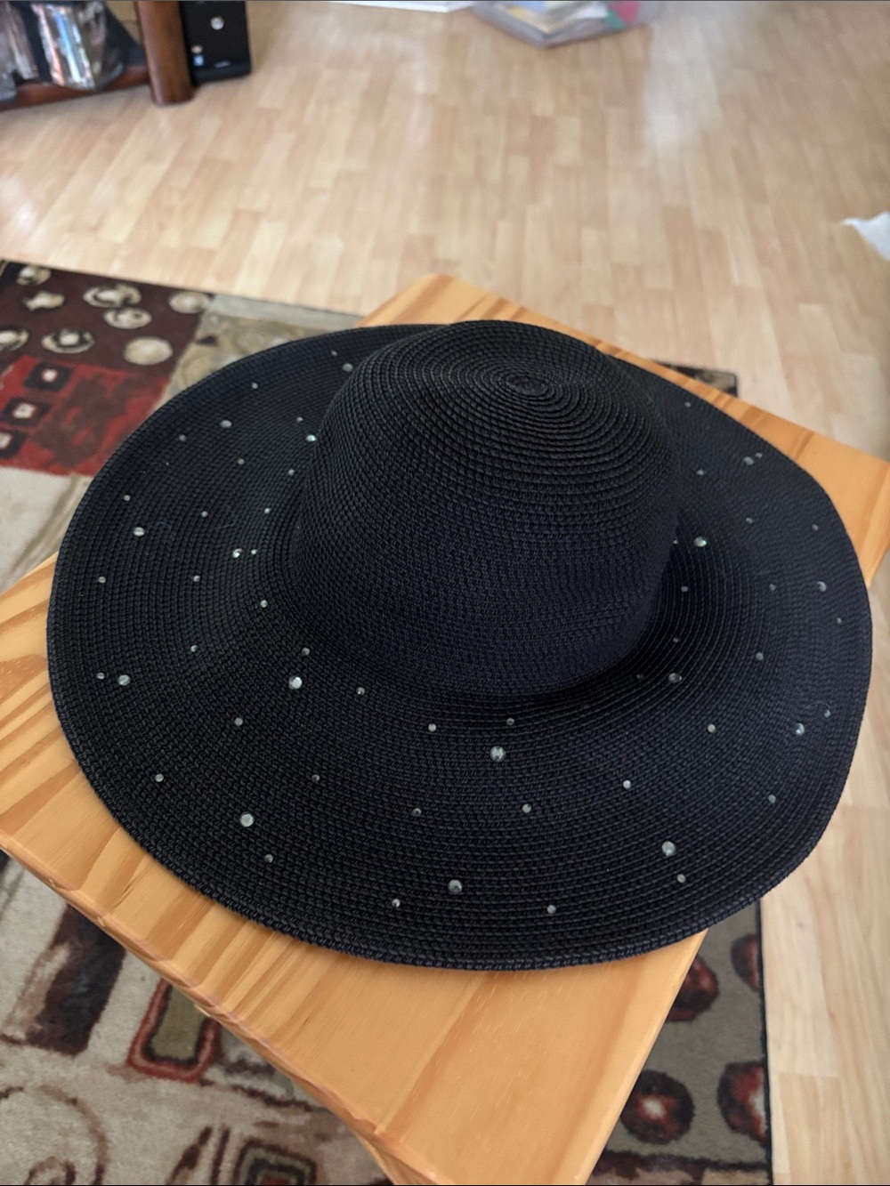 New York & Company Black Wide-Brim Straw Sun Hat with Rhinestones
